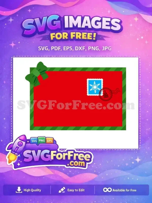 A free festive red Christmas envelope with a green bow, snowflake stamp, and Christmas tree postmark. A delightful free design.