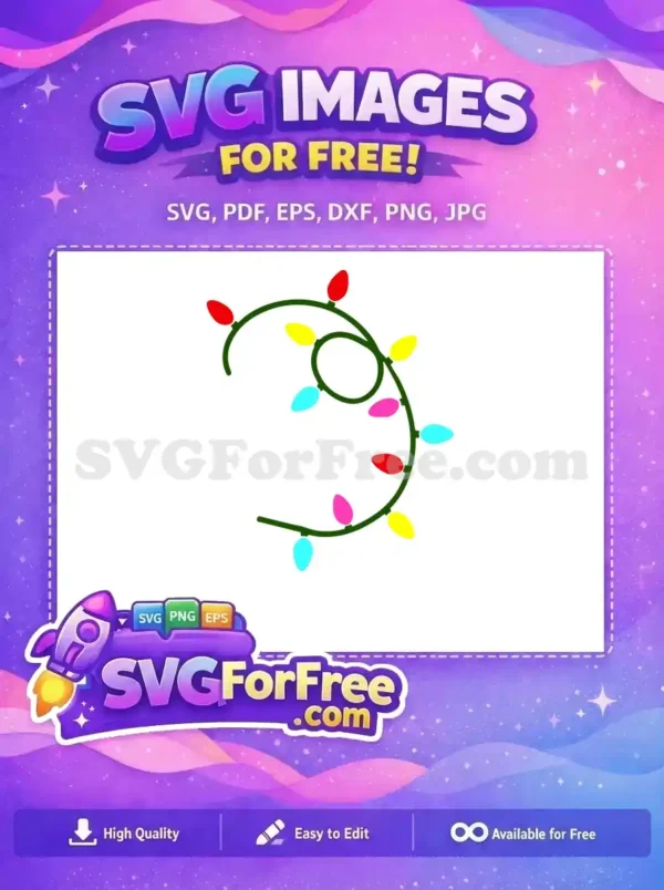 Free Holiday Lights SVG Design – Festive & Colorful A free, vibrant SVG design featuring a curling string of colorful Christmas lights, perfect for holiday projects.