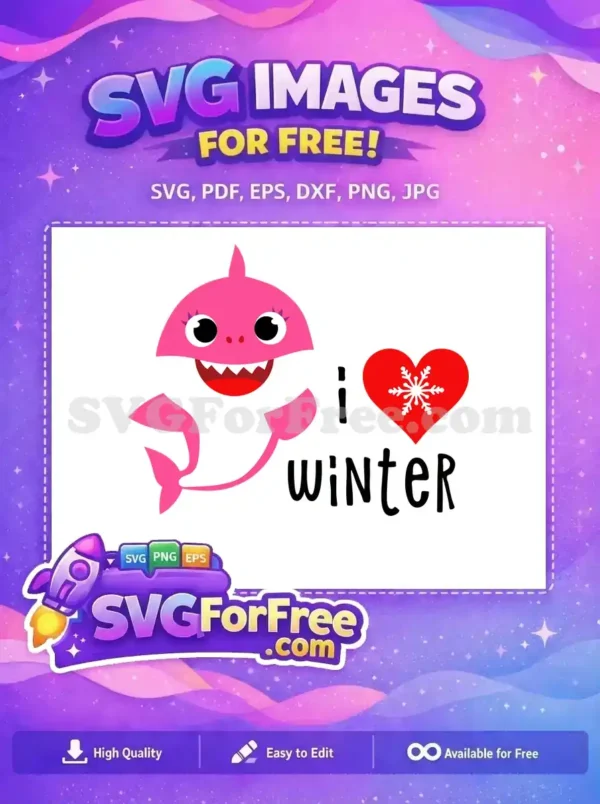A vibrant free SVG design of a cute pink cartoon shark, similar to Baby Shark, declaring 'I love winter' with a heart and snowflake. This free graphic is perfect for kids' crafts.