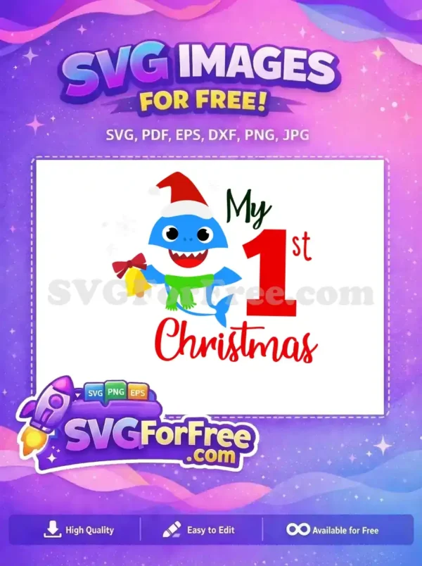 Free Baby Shark 'My 1st Christmas' SVG featuring a festive shark with a Santa hat and bell. A charming, free design for baby's holiday milestones.