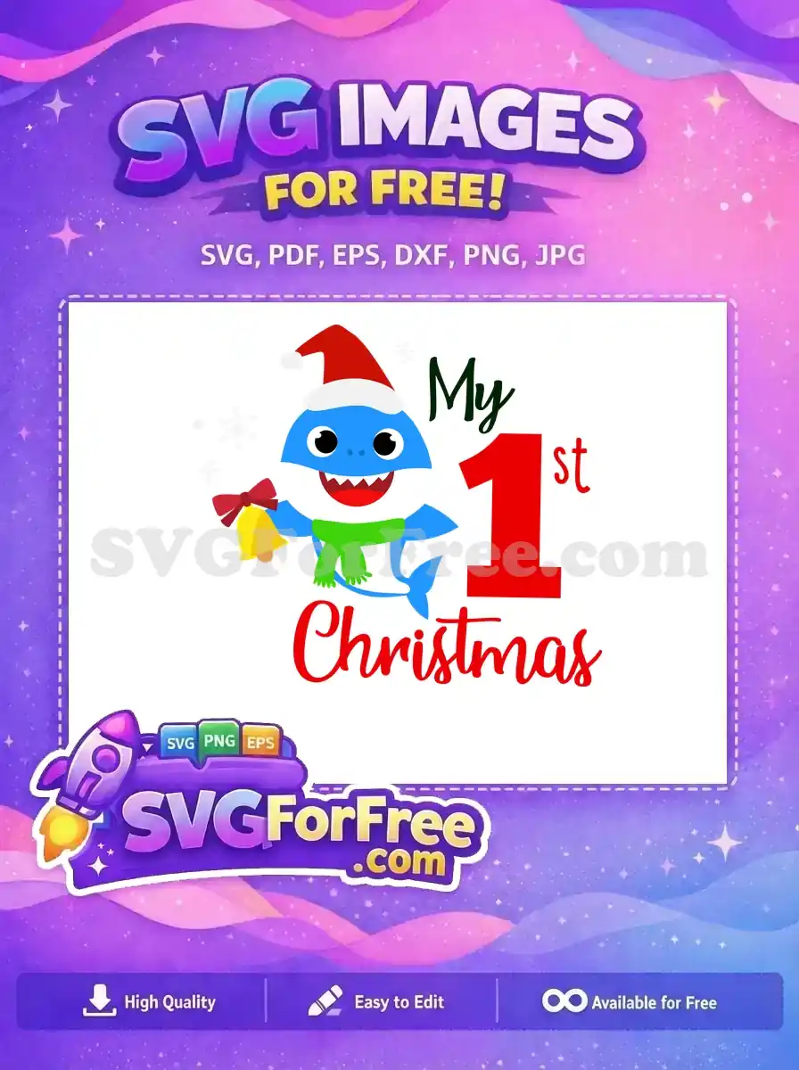 Free Baby Shark 'My 1st Christmas' SVG featuring a festive shark with a Santa hat and bell. A charming, free design for baby's holiday milestones.