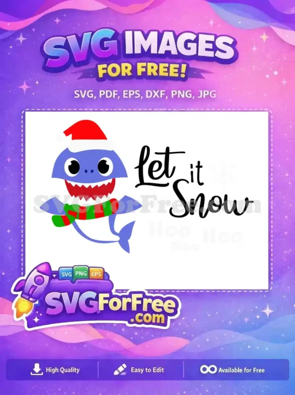 A free Christmas Baby Shark design, wearing a Santa hat and scarf, with 'Let it Snow' text and snowflakes. Ideal for festive projects.