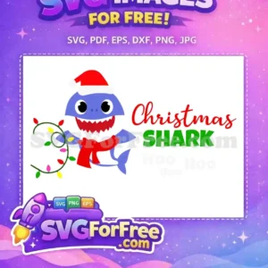 Free Christmas Shark Design: Festive Holiday SVG for All! Download this free Christmas Shark SVG, a festive design featuring a cartoon shark in a Santa hat with lights.
