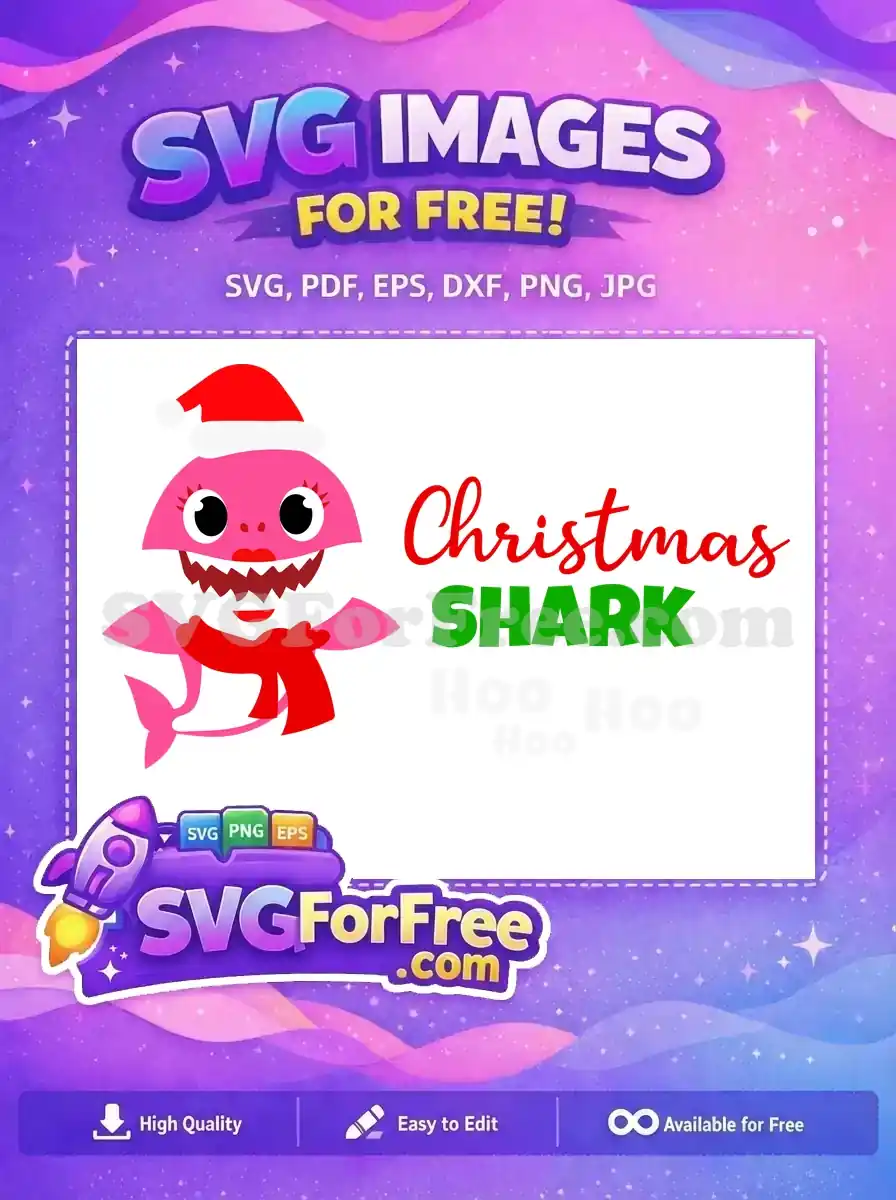 A cheerful pink Baby Shark wearing a Santa hat and scarf, alongside 'Christmas SHARK' text. Get this free design for holiday crafts.