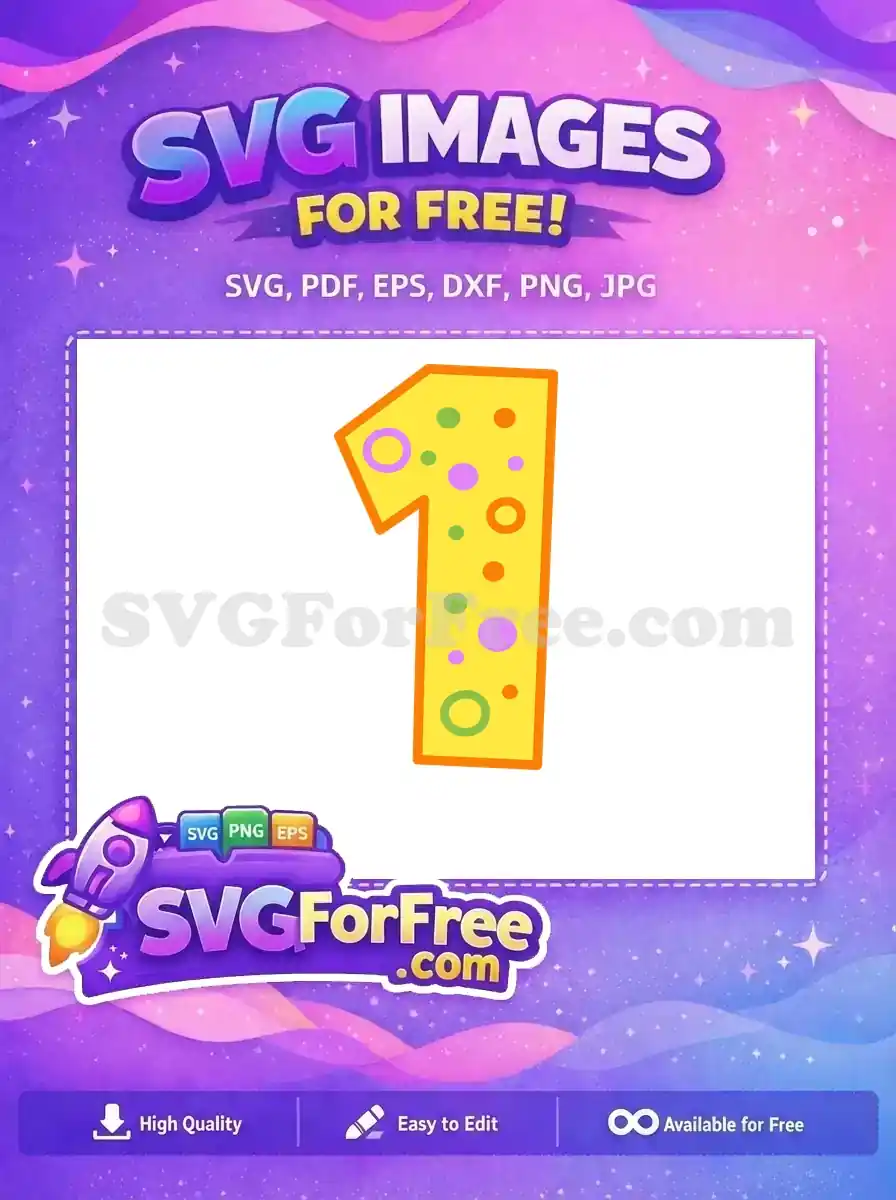 A cheerful, free number 1 SVG design, featuring a yellow base, orange outline, and colorful green, purple, orange polka dots. Ideal free craft asset.