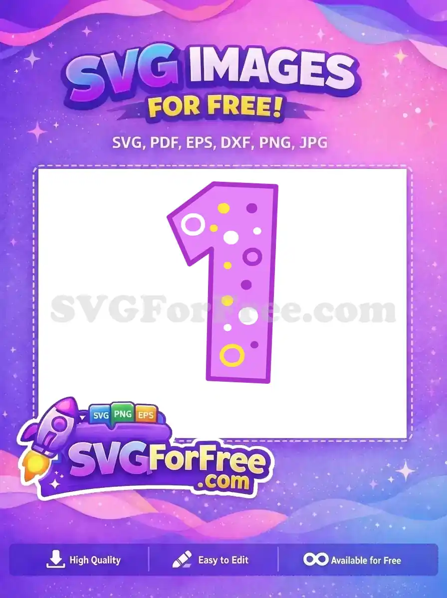 A free number one SVG, featuring a vibrant purple design with playful polka dots in white, yellow, and purple. Download this free graphic.