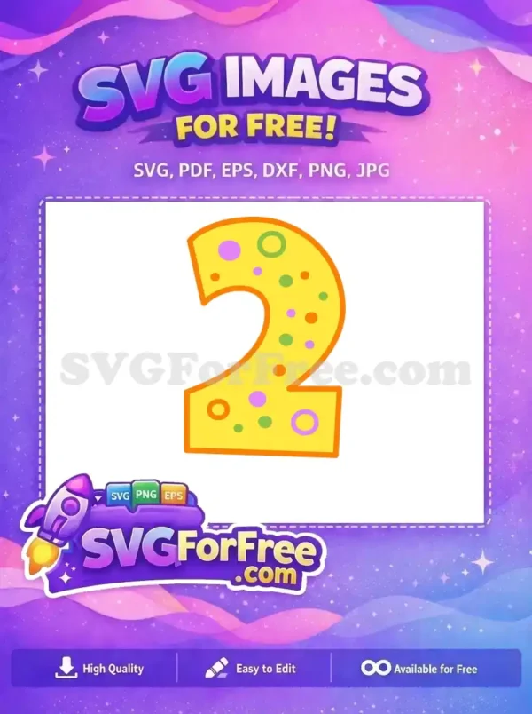 A cheerful, free number two graphic, bright yellow with an orange outline, decorated with colorful polka dots. Free design.