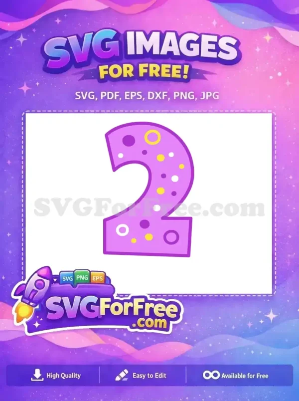 Discover this free, festive number 2 SVG, adorned with colorful polka dots and a vibrant purple hue. Ideal free design for birthdays, anniversaries, or any special second celebration.