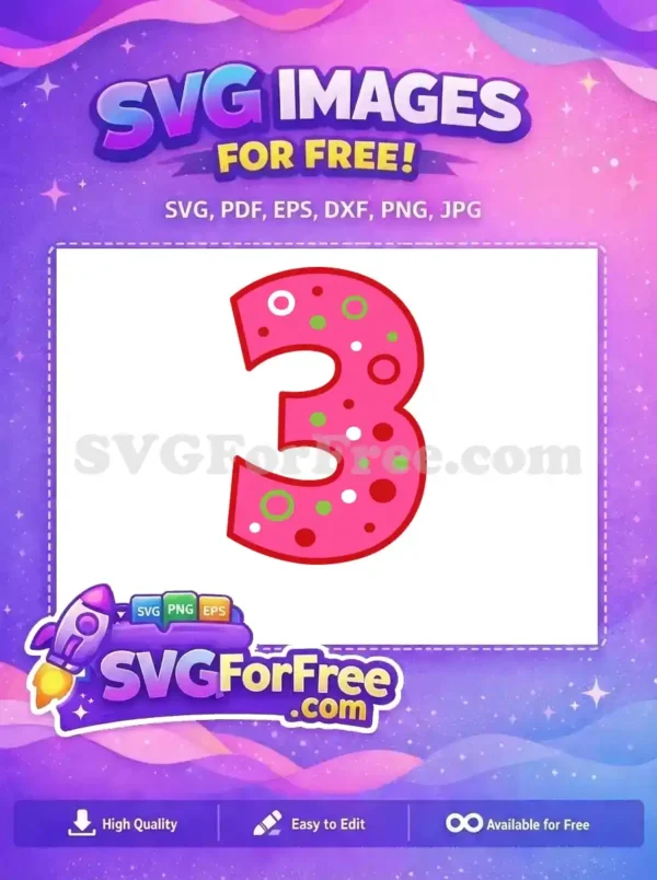 A vibrant free number 3 SVG design, colored pink with playful red, white, and green polka dots. Ideal for celebrations.