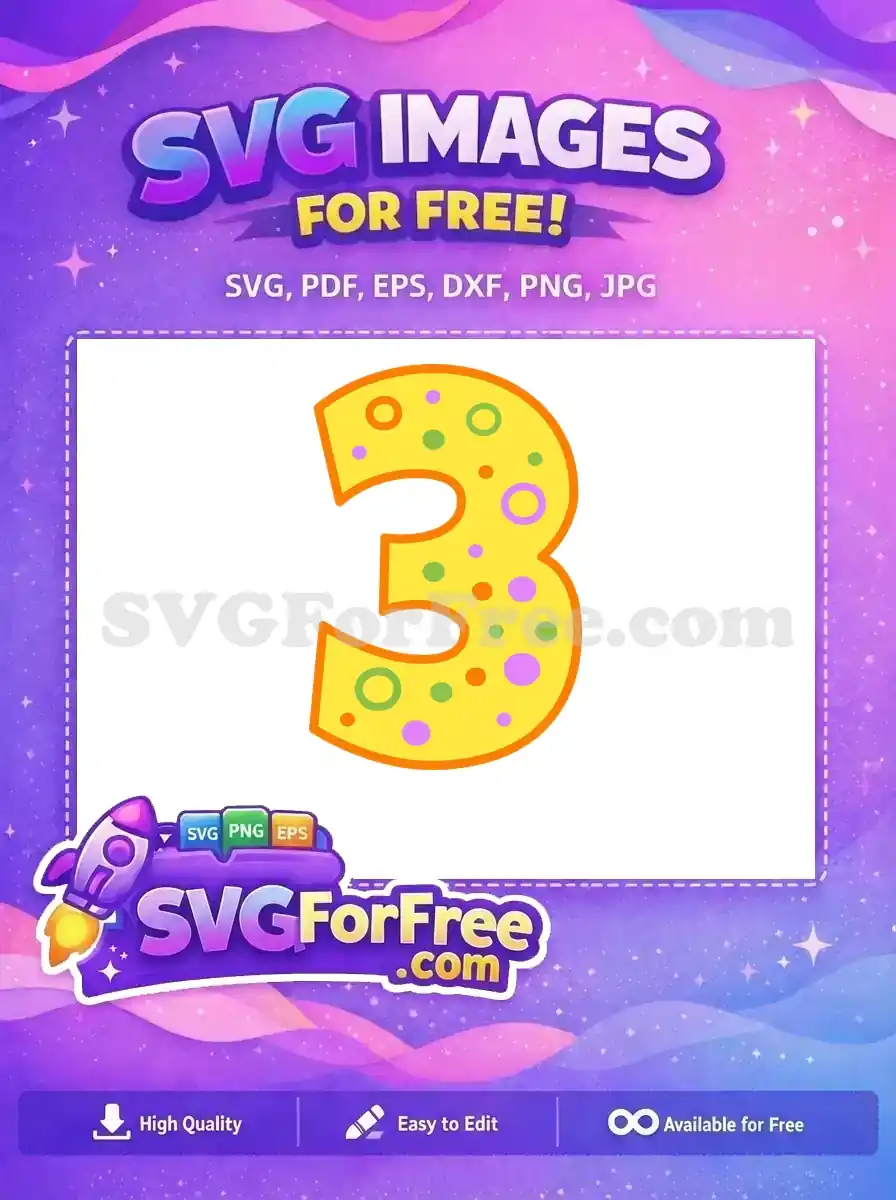 Discover this captivating free number 3 SVG, featuring a cheerful yellow design with colorful polka dots and rings.