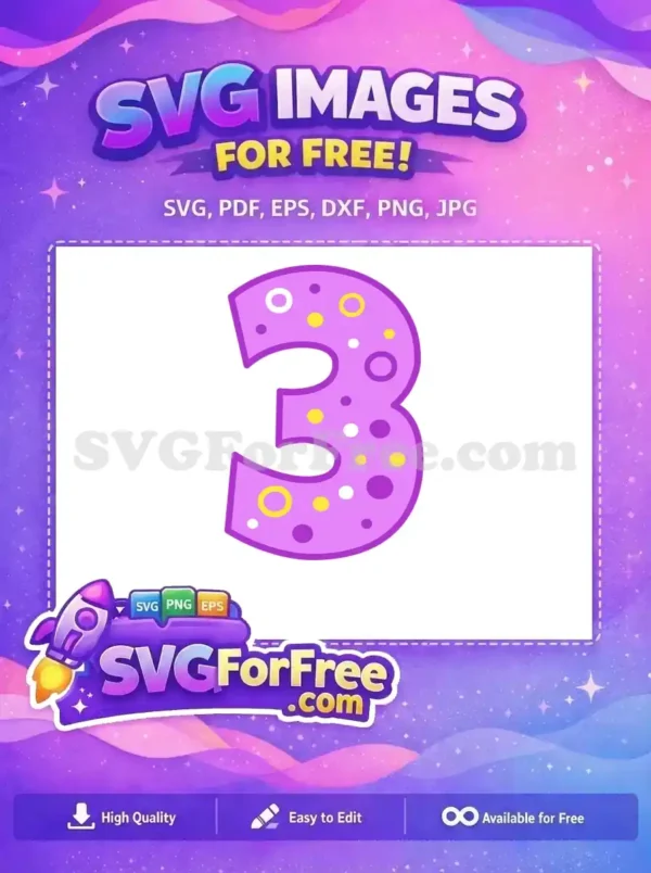 A charming free number 3 design, featuring playful purple hues and colorful polka dots. Ideal for various creative projects!