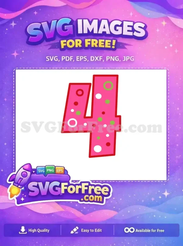 A free, cheerful pink number 4 SVG design adorned with colorful polka dots, outlined in red. Ideal for free birthday crafts.