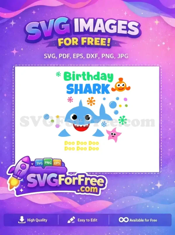 A vibrant, free Birthday Shark SVG featuring a cheerful blue shark, orange fish, and starfish amidst colorful bubbles. Grab this free design now!