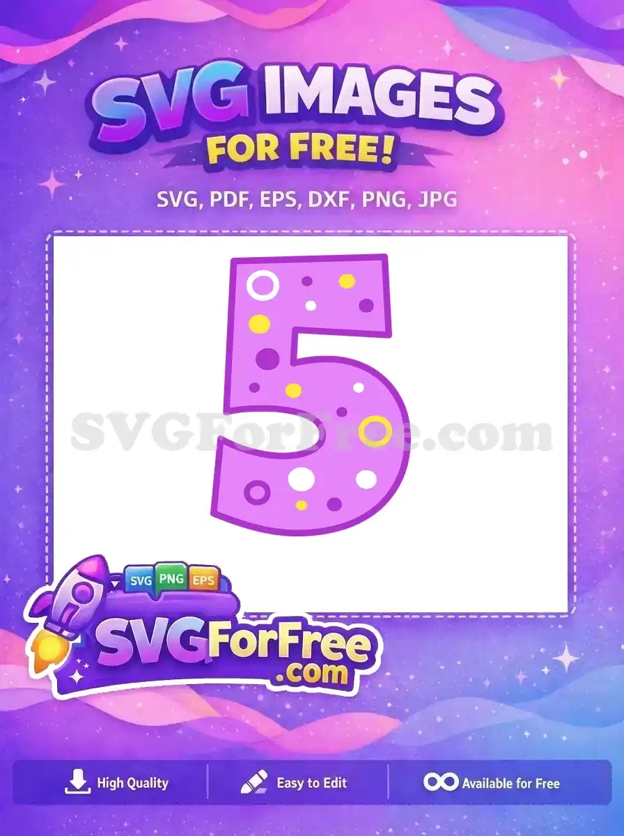 Discover this free, vibrant number 5 SVG, adorned with playful polka dots in white, yellow, and purple. Ideal for crafting unique birthday cards or educational resources – a fantastic free design.