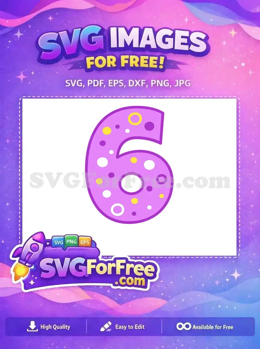A free number 6 SVG, playfully decorated with purple, yellow, and white polka dots, ideal for diverse projects.