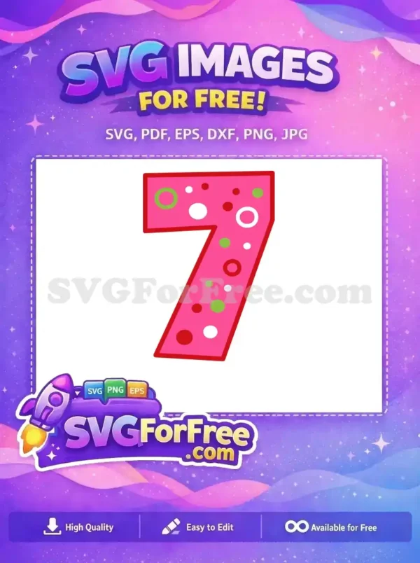 A playful, free number 7 design in bright pink with red outline and colorful polka dots, ideal for any project.