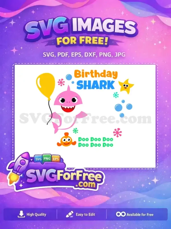 Free Baby Shark birthday design featuring Pinkfong characters, a balloon, and 'Birthday Shark' text. Perfect for celebrations.
