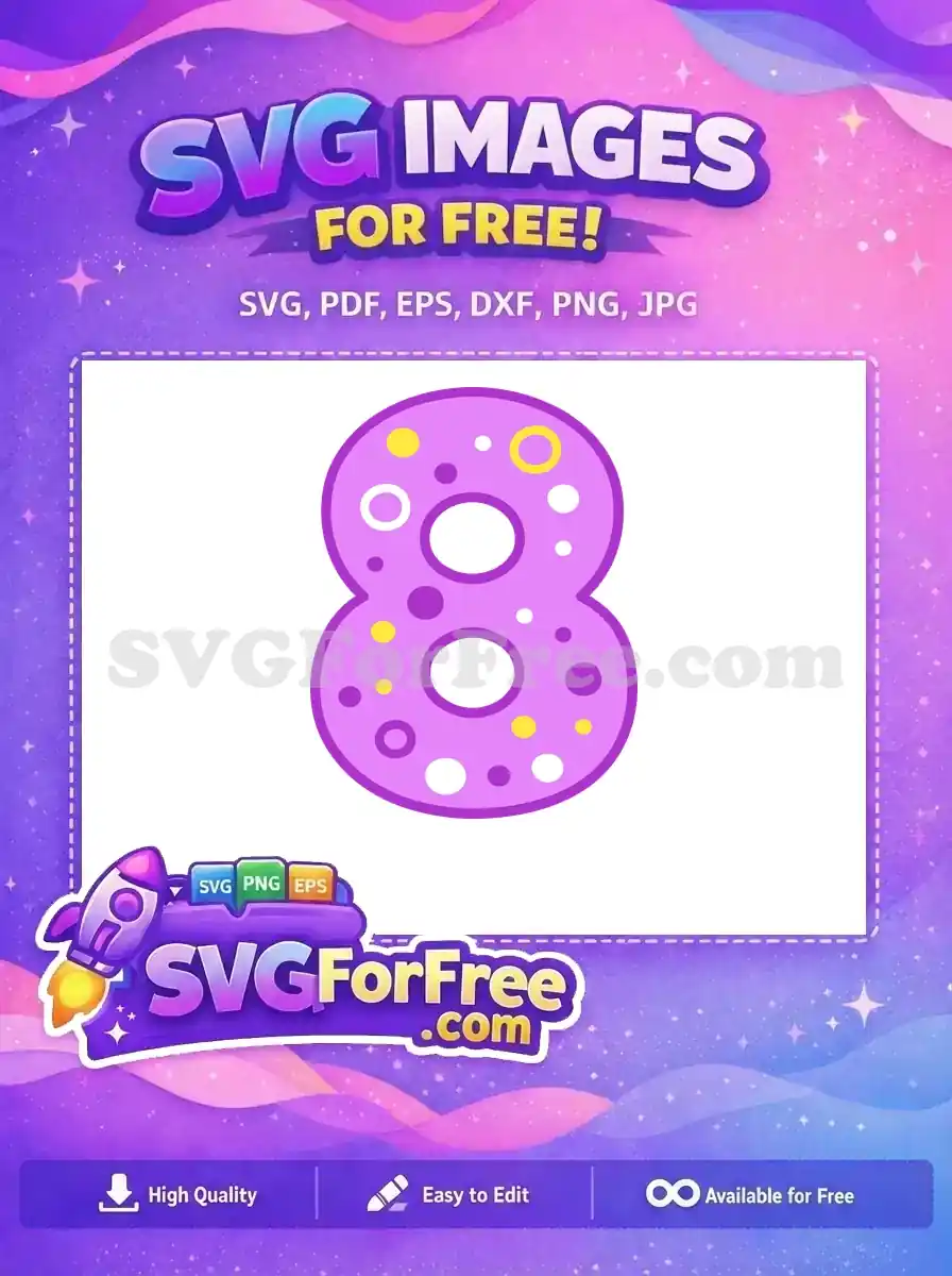 A free number 8 design, purple with yellow and white polka dots, ideal for celebrating eight years. Download this free design now!