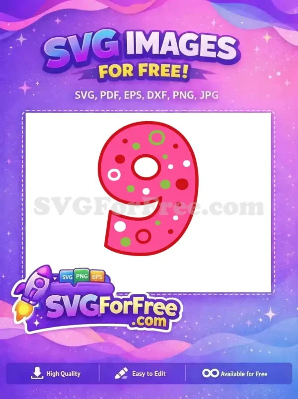 A free number 9 SVG, bright pink with red outline and playful polka dots, ideal for any free creative project.
