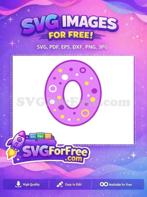 A cheerful, free number zero SVG, purple with colorful polka dots. Ideal for crafting unique, free birthday designs and educational materials.