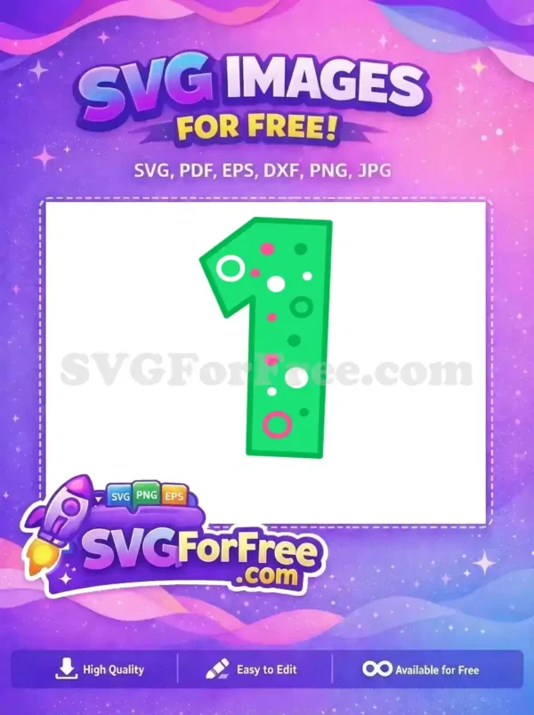 A delightful, free SVG design of the number one, vibrant green with playful pink and white polka dots, ideal for first birthdays or anniversaries.