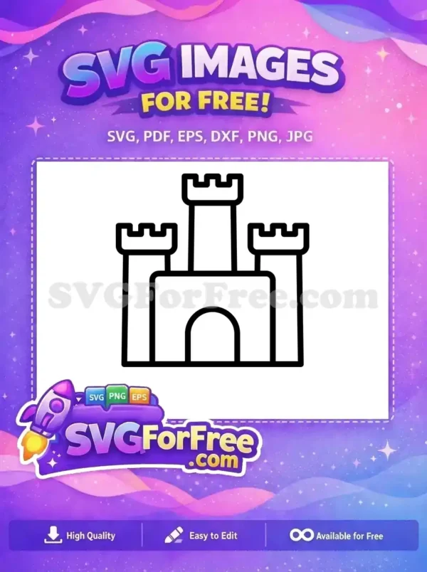 A charming free outline SVG of a classic castle, featuring three towers and an archway. Ideal for free creative projects.