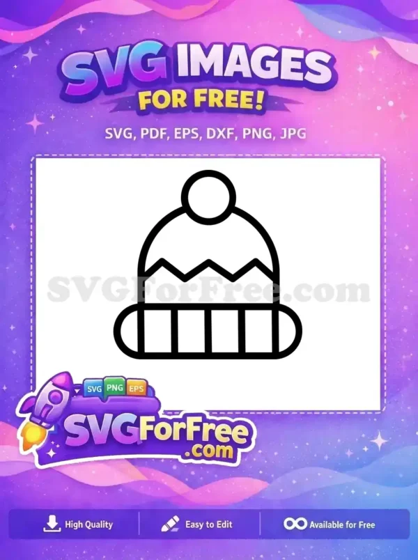 A minimalist line art icon of a cozy winter beanie with a pom-pom and a wavy pattern, a free design for all your creative ventures.