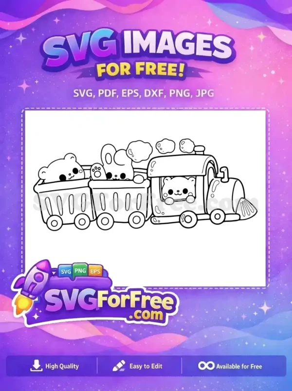 Free Cute Animal Train Ride SVG Design for Kids’ Crafts Delightful free design of a cartoon train carrying a bear, bunny, and another bear, ideal for children's coloring. (107 chars)