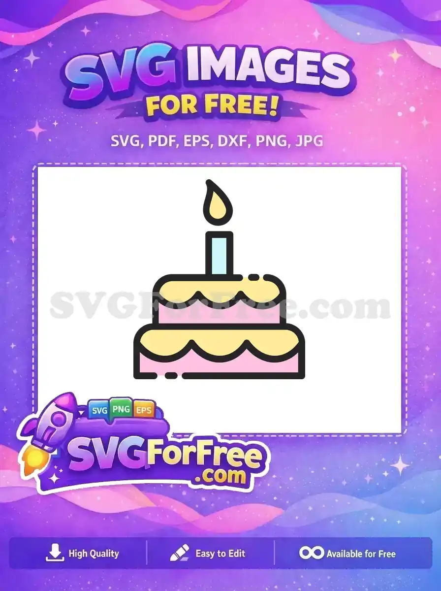 A delightful free birthday cake SVG with a lit candle, featuring pink layers and yellow frosting. Perfect free design for celebrations!