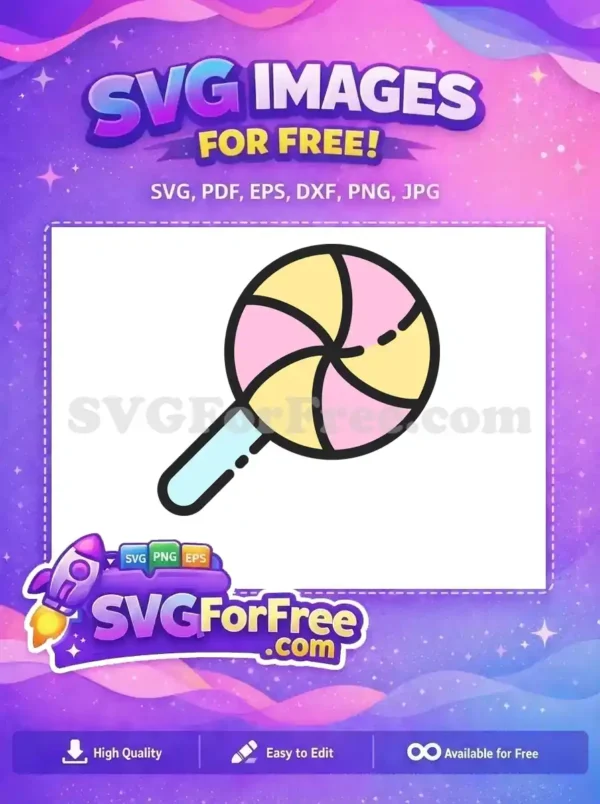 Sweet Swirl Lollipop – Free Delightful Design SVG A vibrant free lollipop design featuring pink and yellow swirl patterns with a light blue stick. This free SVG is playful.