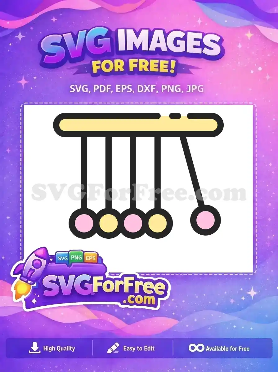 A free SVG icon of Newton's Cradle, showcasing five balls with one swung out. Perfect for demonstrating physics principles, a versatile free design.