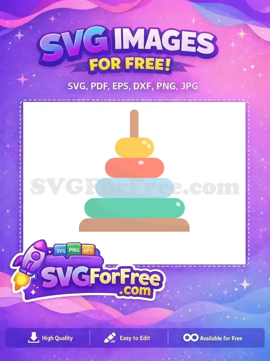 A free design of a colorful stacking ring toy with four rings on a central wooden peg. Ideal for children's projects.