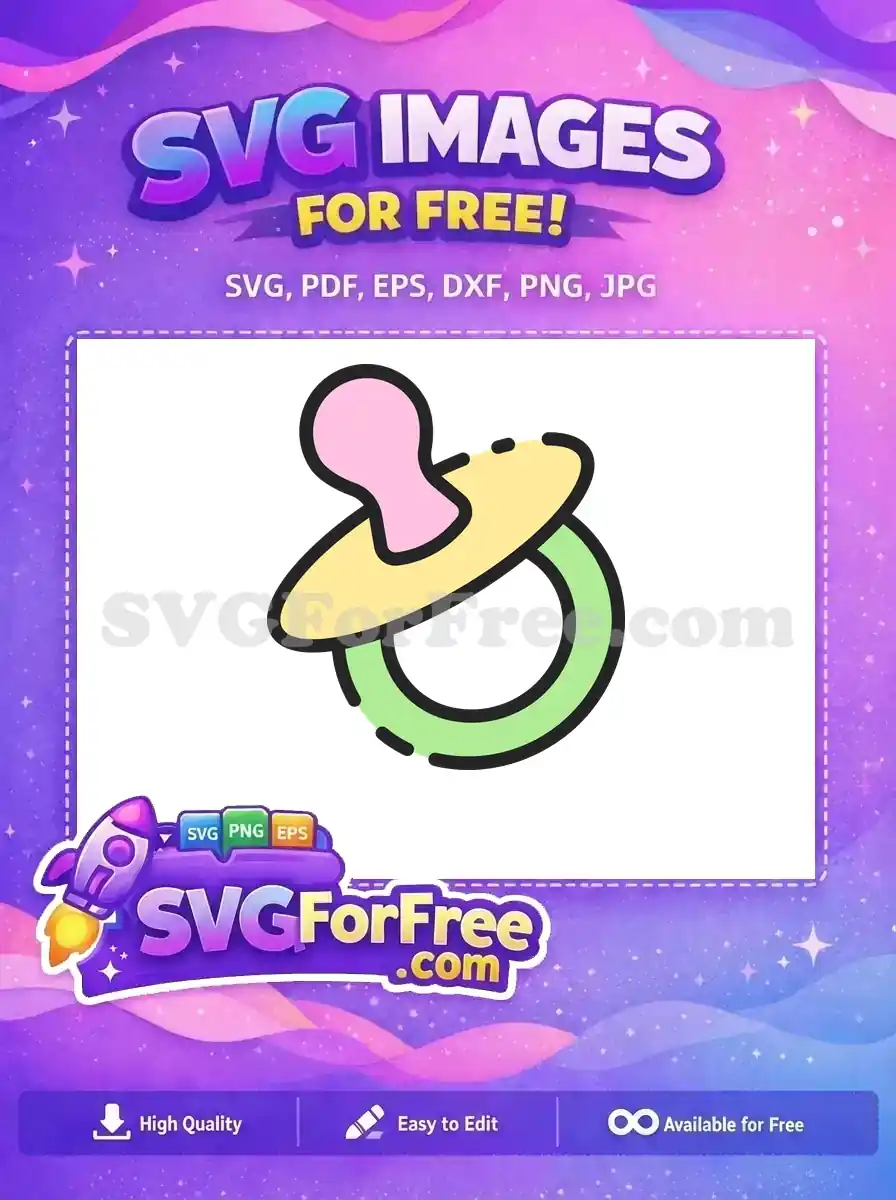 A charming free pacifier SVG icon with pink, yellow, and green elements. This versatile free design suits any baby project.