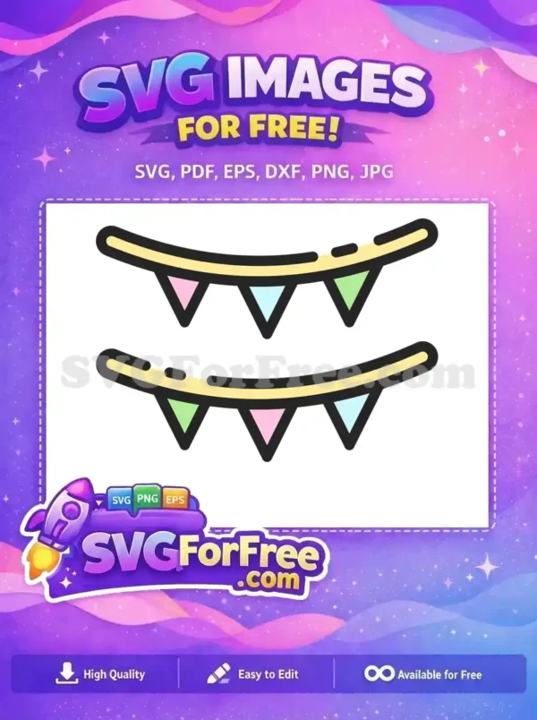 A free SVG of colorful bunting flags, featuring pastel pink, blue, and green triangles on two yellow strings. Ideal for festive free designs.