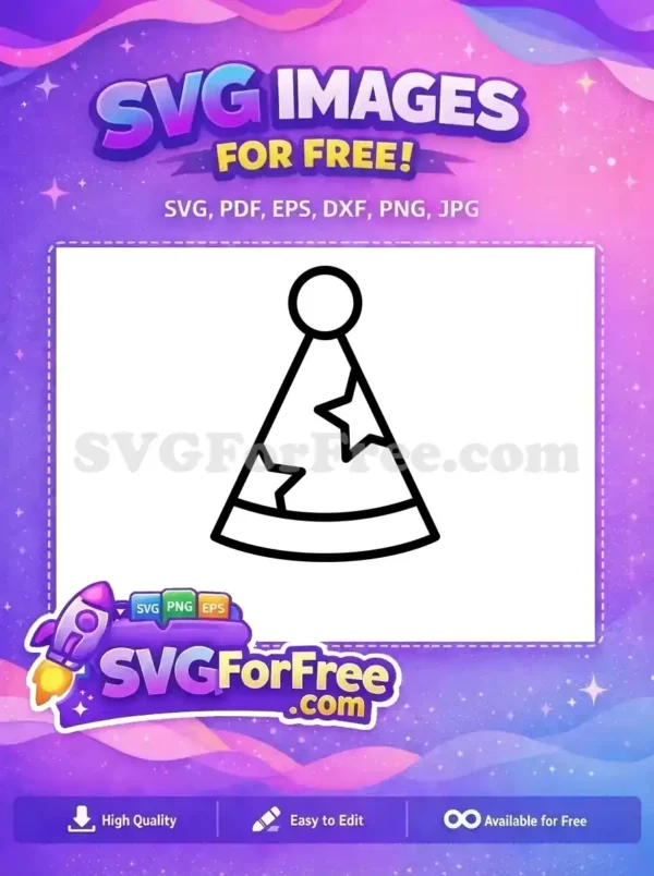 A minimalist black outline free party hat with two stars and a pom-pom top, ideal for various free design projects and celebrations.