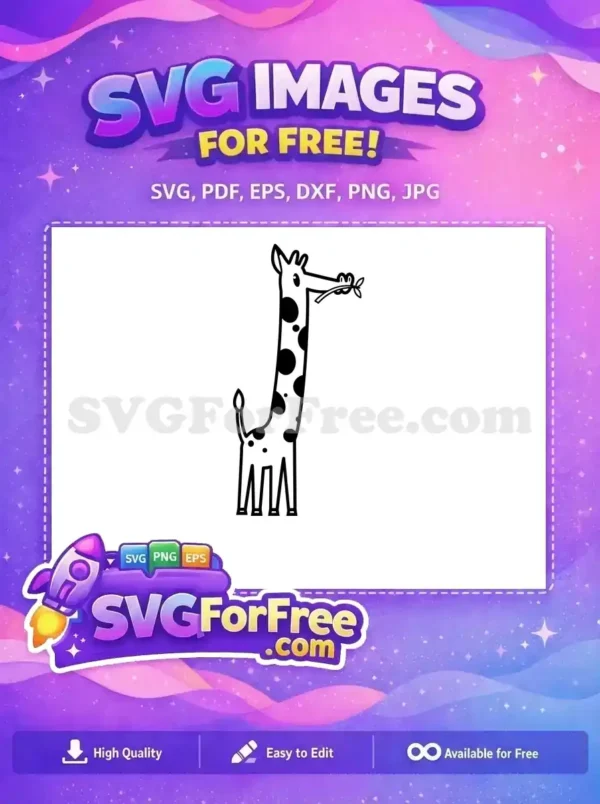 A charming free cartoon giraffe design, featuring a long-necked animal with spots, gently holding a leaf. Excellent free SVG for kids' crafts!