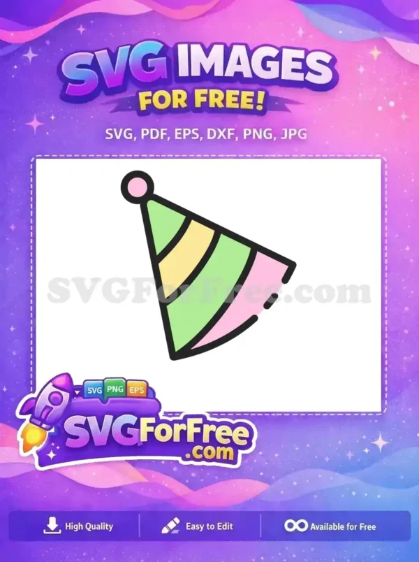 A vibrant, free party hat SVG icon with pastel stripes, ideal for adding a festive touch to any free design project.