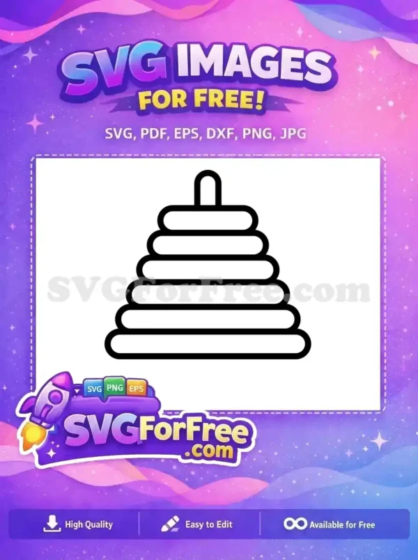 A free outline SVG of a classic stacking ring toy, showing five rings and a top peg. Ideal for free educational content and craft projects.