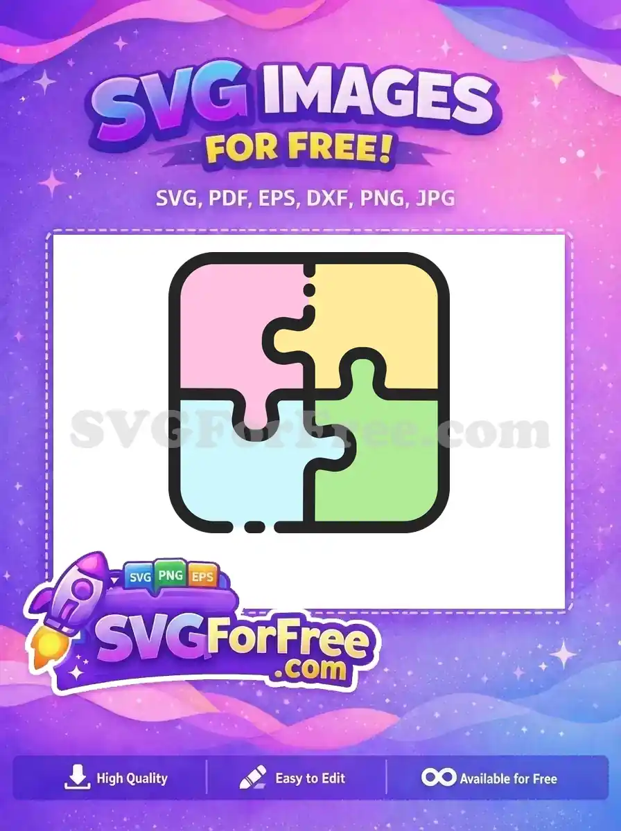 This free SVG features four pastel-colored puzzle pieces perfectly interlocked, symbolizing unity and collaboration. A free design icon for various projects.
