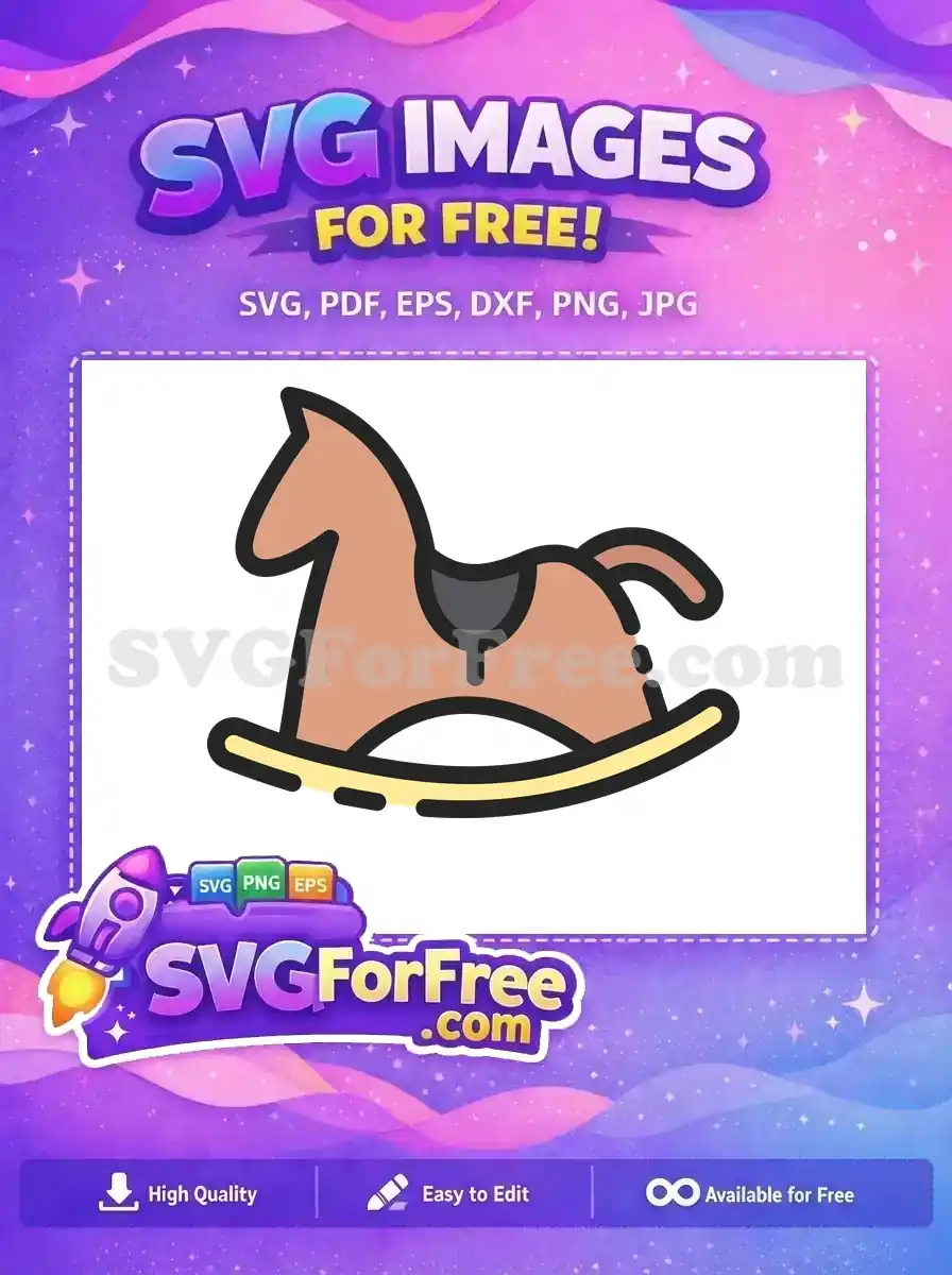 A charming free rocking horse SVG, featuring a light brown body, grey saddle, and yellow rockers. Ideal free design for kids' crafts!