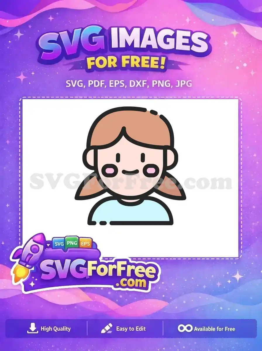 A delightful free cartoon girl SVG icon with pigtails, a happy smile, and a blue shirt. Perfect for diverse free design projects.