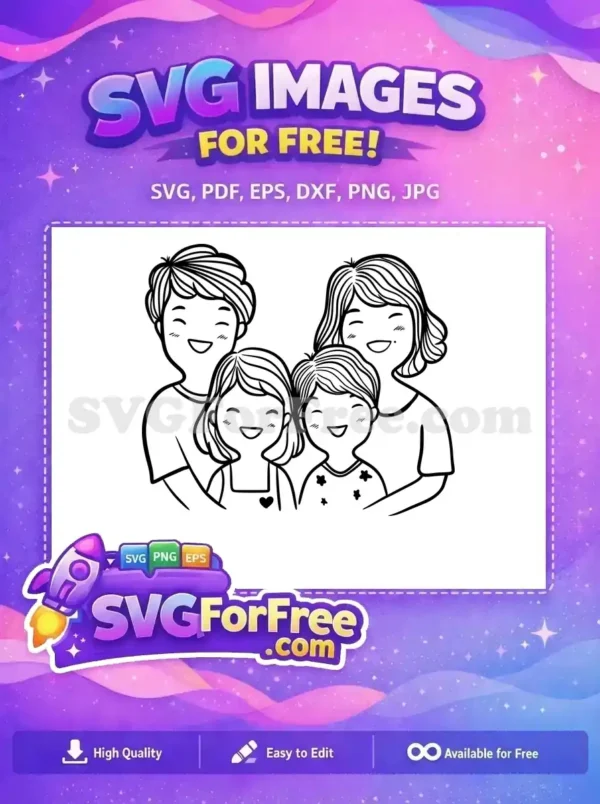 Free SVG of a joyful family of four, including parents and two happy children, rendered in a charming doodle style.