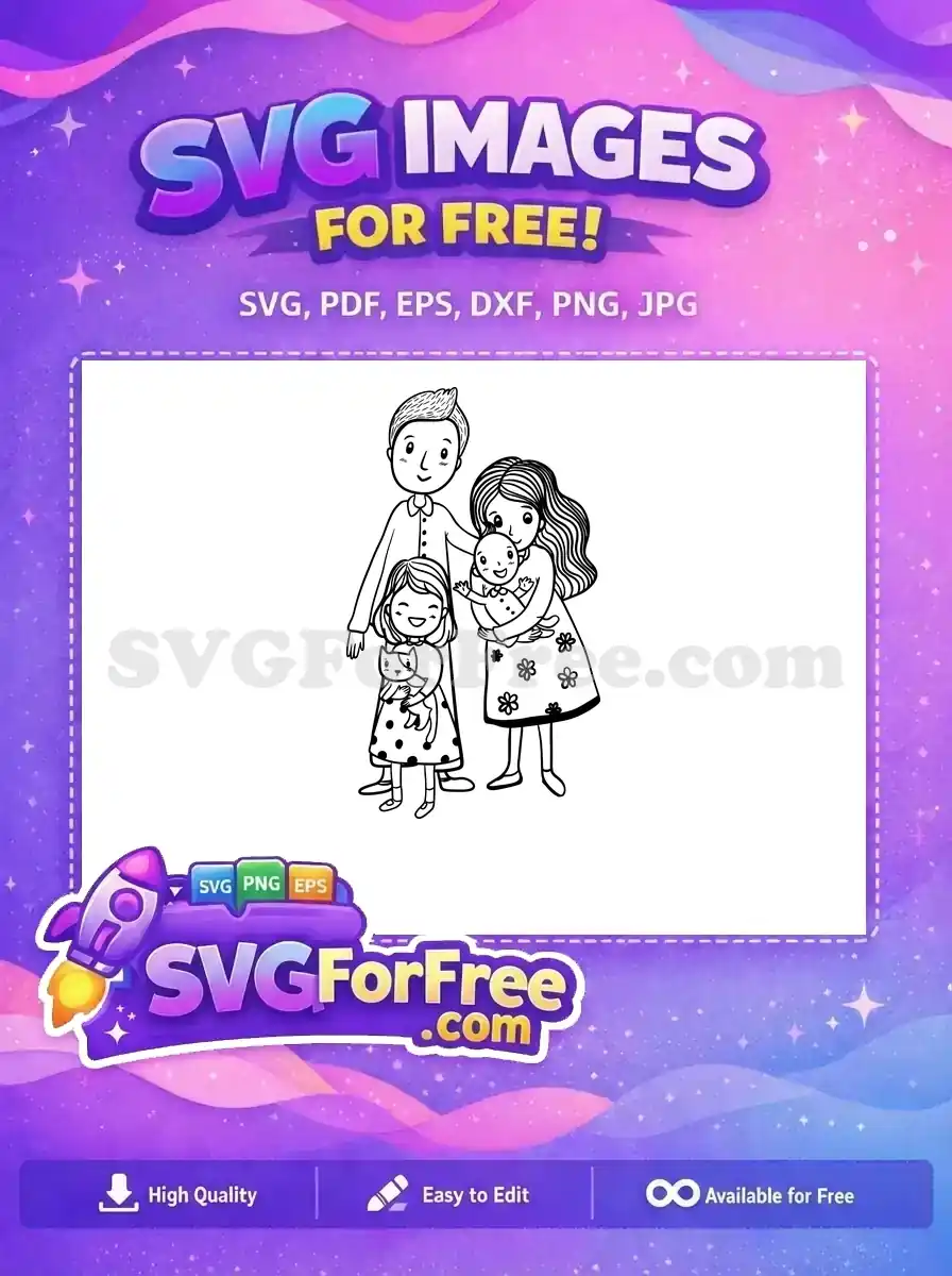 A free design family illustration featuring a smiling father, mother holding a baby, and a girl with a cat. Black and white line art.
