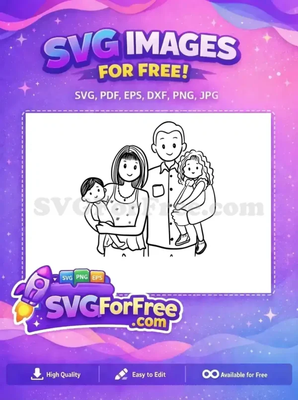 A charming free black and white line art of a smiling family of four, featuring parents with two happy children. A wonderful free design for any project.