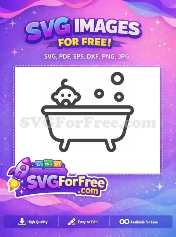 A free design SVG icon featuring a cute baby in a bathtub with bubbles, perfect for childcare themes and projects. Download now!