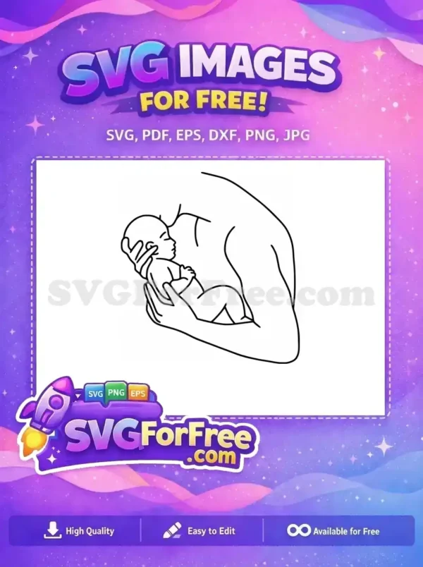 Free minimalist line art of a person gently holding a newborn baby, emphasizing parental love and free design.