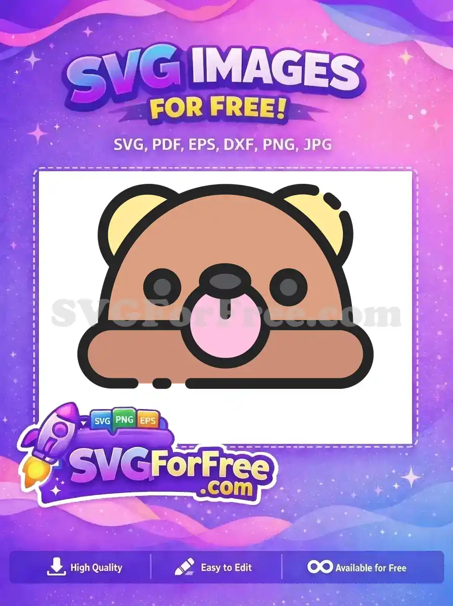 A delightful free cartoon bear head SVG, featuring a cute brown face, black eyes, and a cheerful pink tongue. Perfect free graphic.