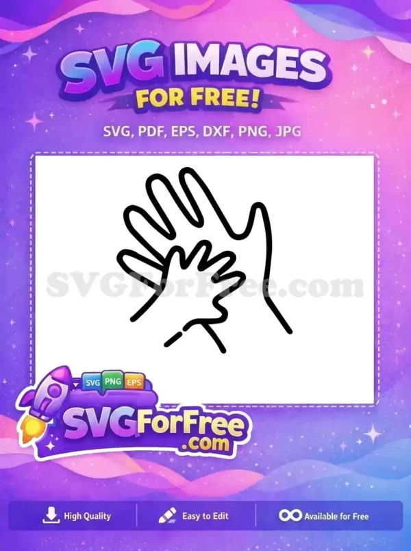 A free line art SVG of a large hand gently supporting a smaller hand, symbolizing care, community, and family connection. Download this versatile design now!