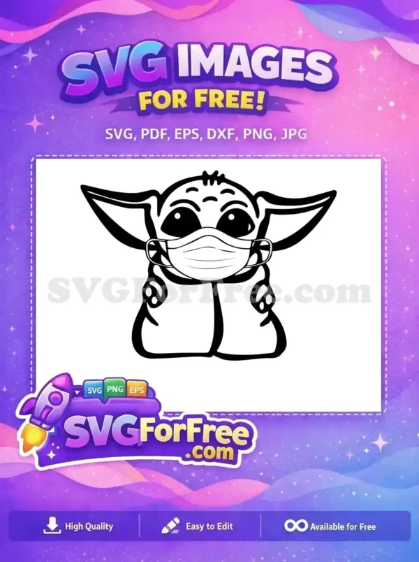 A charming free Baby Yoda (Grogu) wearing a protective face mask, presented as a high-quality free SVG vector.