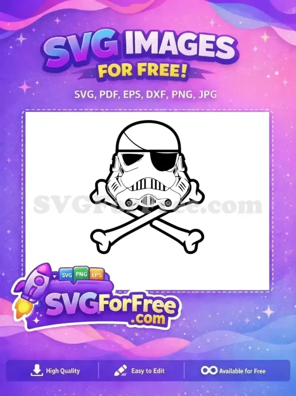 Free Stormtrooper pirate skull and crossbones SVG, a unique design combining sci-fi and buccaneer themes. Download this free graphic!
